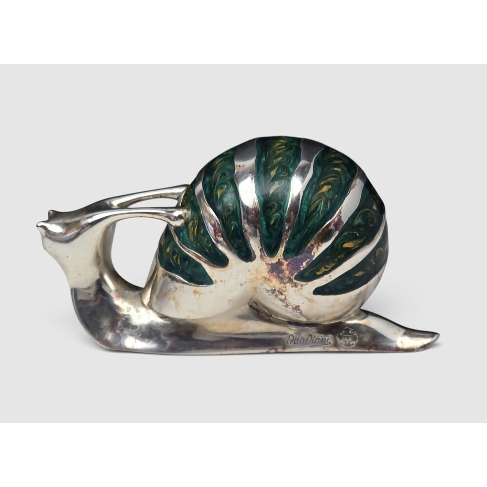 Ottaviani Italy Silver Plated Enamel Snail Sculpture Green Shell Signed 5" Vtg